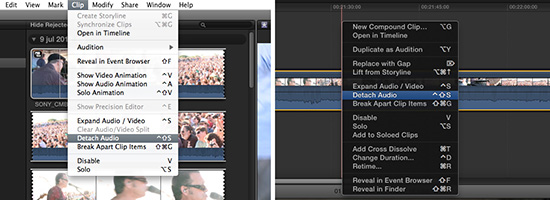 But for the ones who need to have separate Audio and Video, simply highlight a clip, or clips in the Timeline and choose Detach Audio from the Clip menu or use the ctrl+click and select the Detach Audio option.