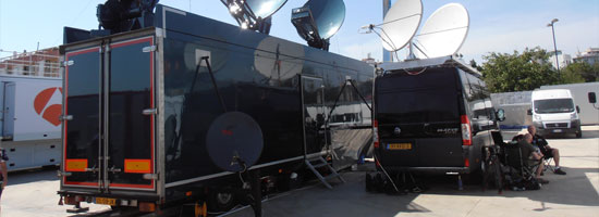The  'Triple Dish uplink trailer' and ZDF van from Multi-Link Holland in Valencia