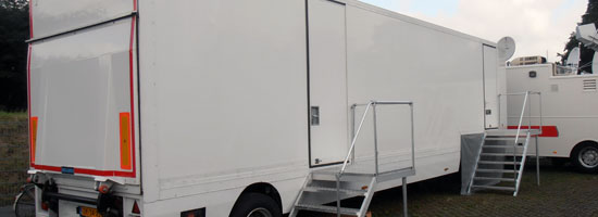 The  new white production trailer on the TV Compound from Multi-Link Holland at Hockenheim.