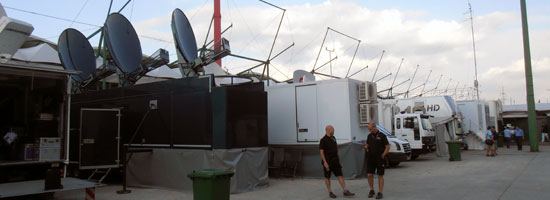 Tv Compound hungaroring, Uplink & production trucks exactly lined up by laser.